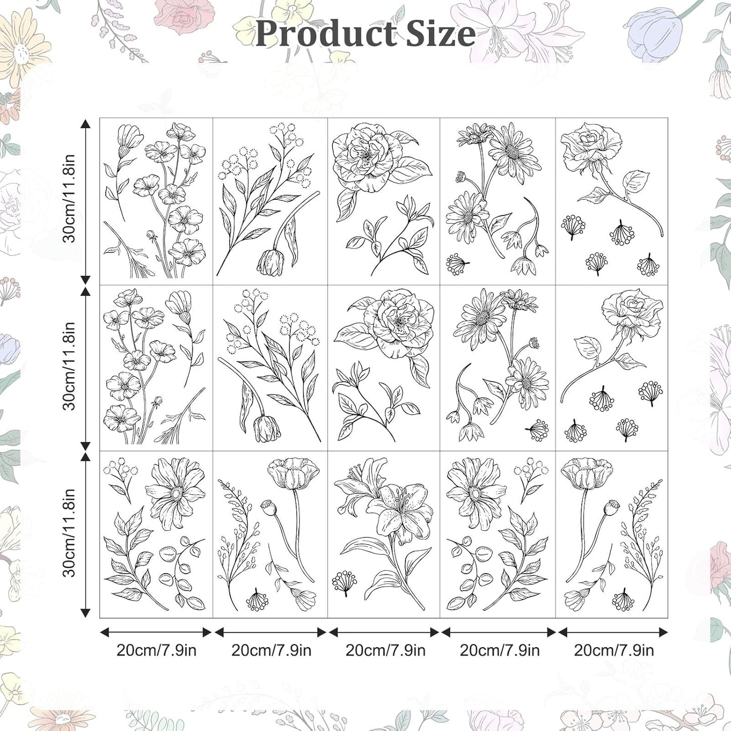 Retro Sketch Wildflower Wall Stickers, 15 Sheets Garden Floral Wall Decals DIY Peel and Stick Wall Decal Self Adhesive Wall Art Decor for Bedroom Office Sofa TV Backdrop