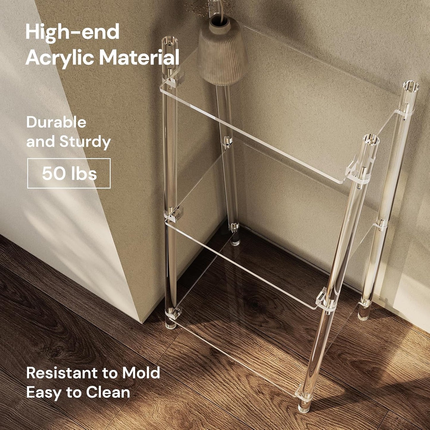Small Acrylic Ladder Bookshelf, 3 Tier Clear Bookcase, Multipurpose Book Shelf for Living Room, Bathroom, Office, Modern, 11.6" D x 15.6" W x 32" H