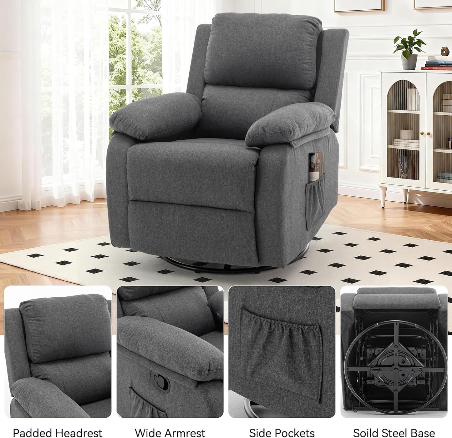 Grey Swivel Rocker Recliner for Adults Small Spaces Recliner Chair Small Rocking Recliner Upholstered Fabric Glider Recliner Nursery Swivel Rocker Chair