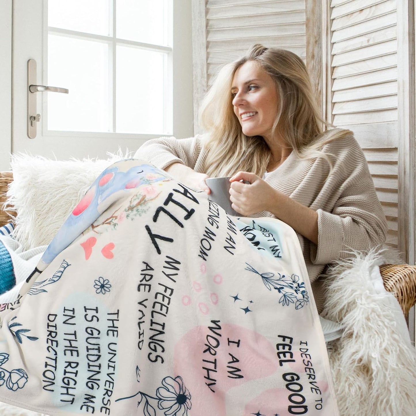 New Mom Gifts Blanket - Mama Daily Affirmations Elephant Throw 50x60, Postpartum Self Care Inspirational Gift for Mommy to Be, Boy or Girl Mom Present