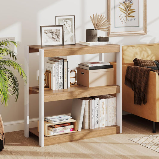 LOKO 3-Tier Open Bookshelf, Freestanding Wooden Bookcase with Storage Shelves, 2 Anti-toppling Devices, Modern Display Book Shelf Storage Rack for Living Room Bedroom Study (1,Natural & White)