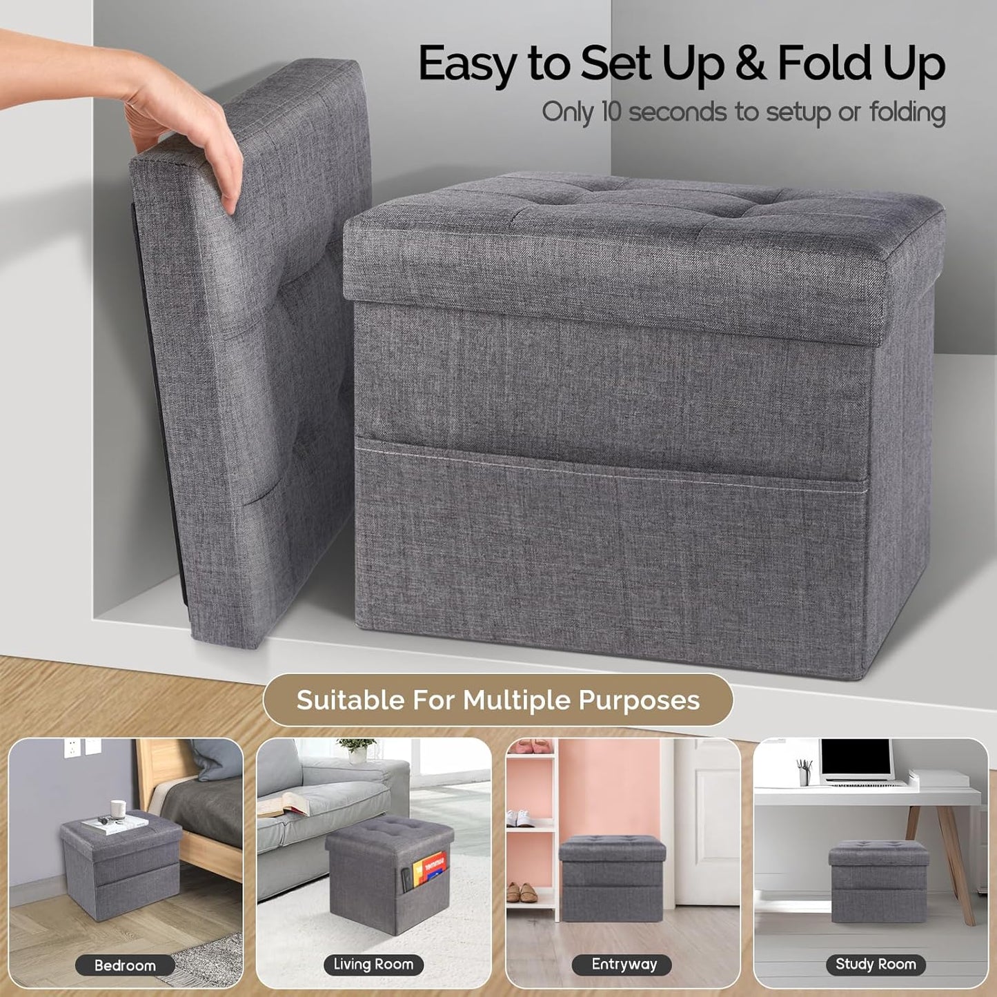 Storage Ottoman,Folding Ottomans with Storage,Linen Ottoman Foot Rest with Pocket,Foot Stool with Thicker Foam Padded for Living Room,Bedroom,Office,Dorm,287 lb Load Capacity,17x13x13in,Grey