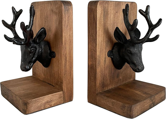 Vintage Cast Iron Deer Head & Antlers Design Decorative Elk Bookends for Shelves, Buck Book Holders, Reindeer Book Organizer, L-Shaped Wooden Desk Organizer, Heavy Duty Non-Skid Bookends (1 Pair)