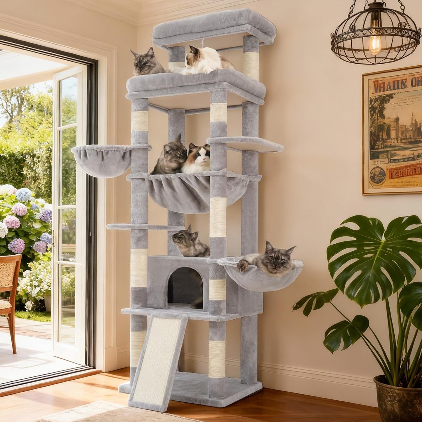 Hey-brother Cat Tree Tower, Scratching Posts with Extra Large Platform and Basket, Specious Condo, 2 Cozy Hammocks, Scratch Board for Indoor Adult Cats, Maine Coon 71.7 inches, Light Gray MPJ080W