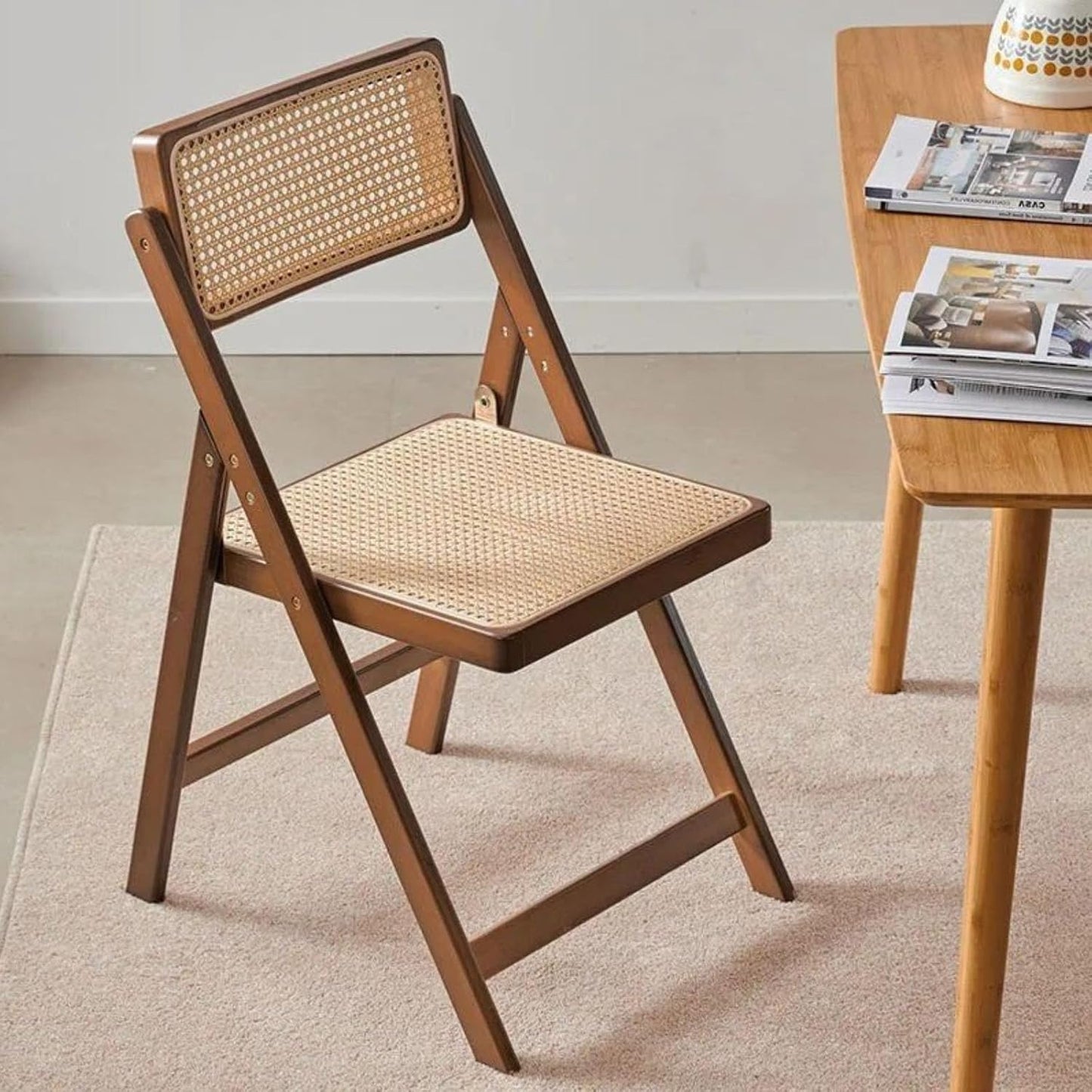 Leather Upholstered Chair,Mid Century Vintage Rattan Wood Chair with Adjustable Back Stackable Leisure Chair for Bedroom Living Room Reading Room Dining Brown Comfortable Rattan Seat