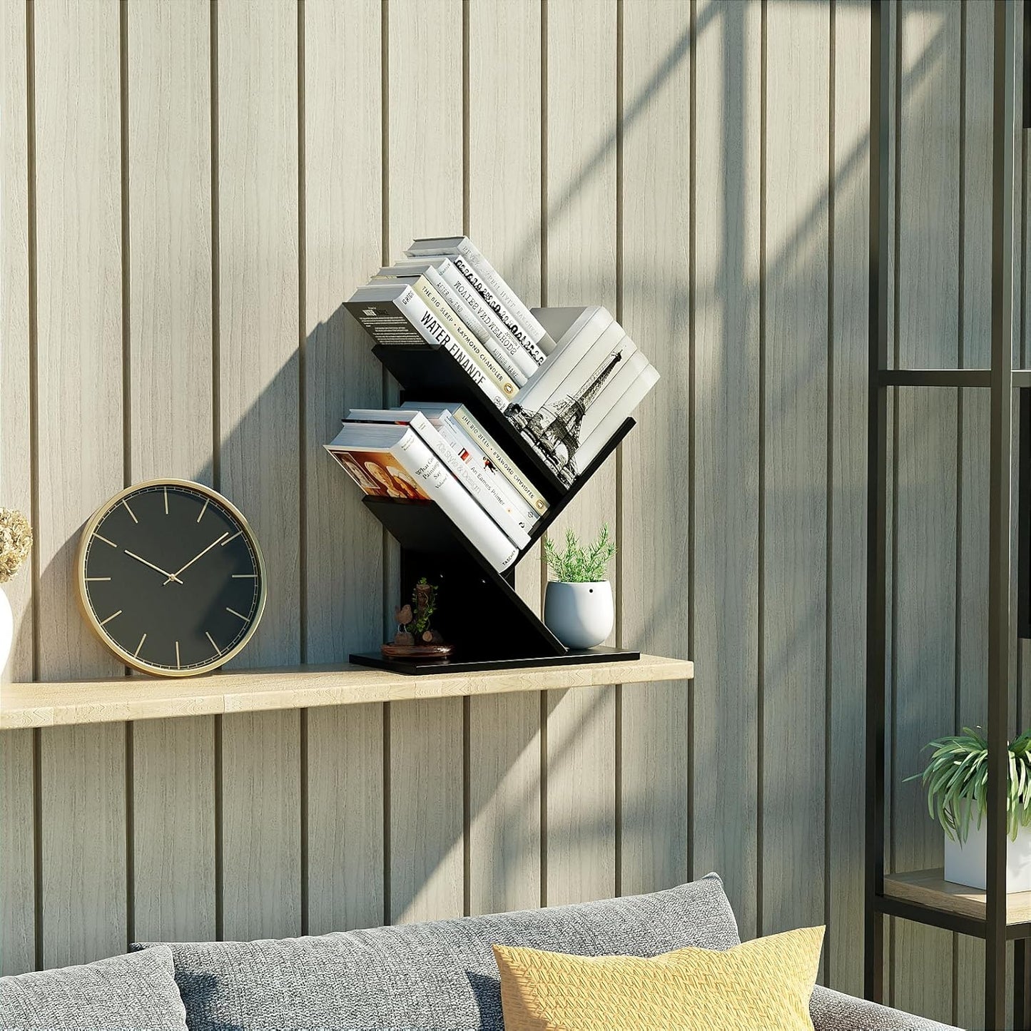R RUISHENG 3 Tier Small Tree Bookshelf Storage Organizer Shelves Floor Standing Bookcase Desk Wood Storage Rack for Home Office Living Room Bedroom Display for Book Magazine CD Manga Black
