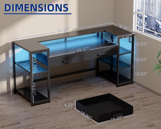 Pamray 58 Inch Computer Desk with Monitor Stand and Shelves Gaming Desk with LED Lights & Power Outlets PC Vanity Table with 2 Drawers for Home Office Black