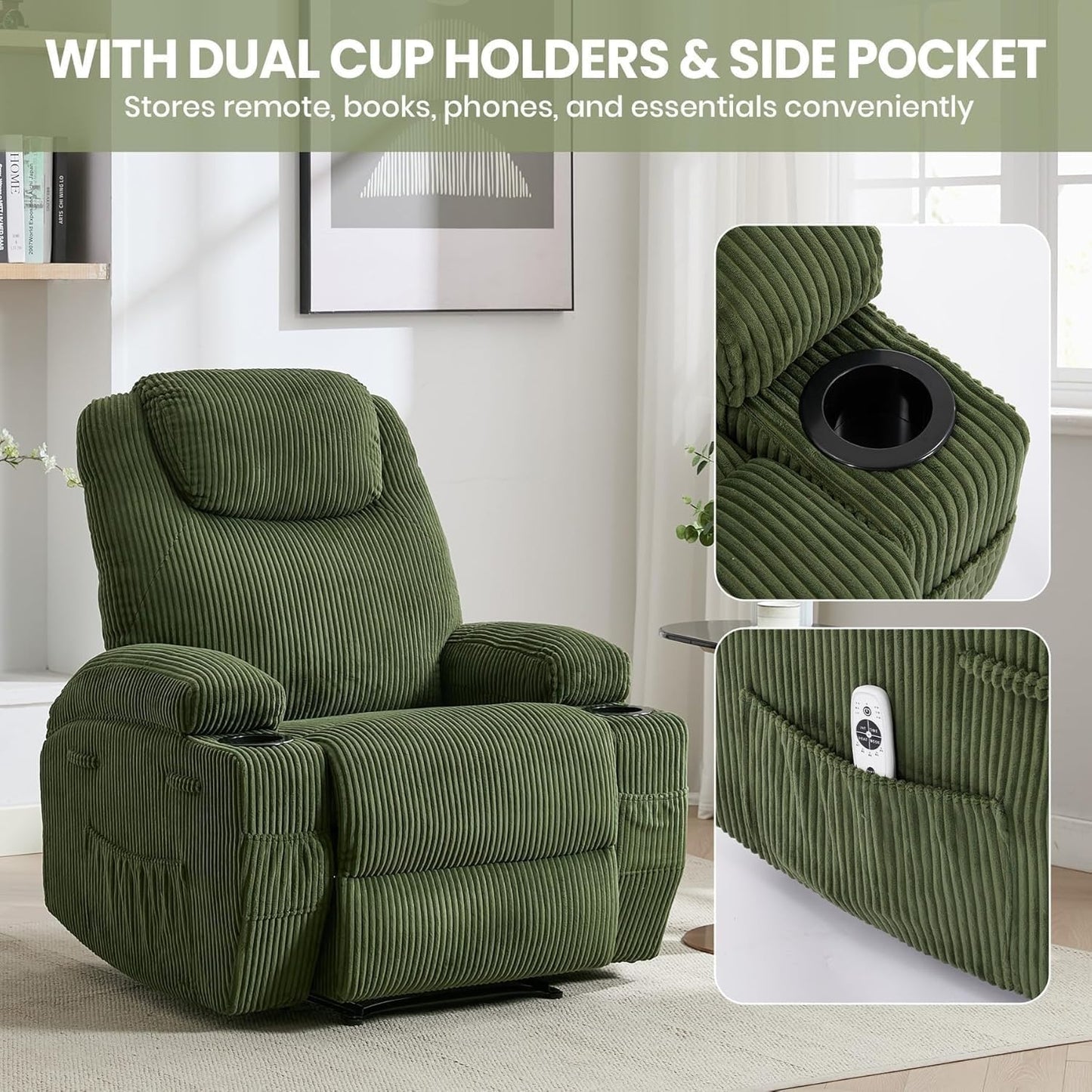 Green Corduroy Power Recliner Chair with Heat Massage 8-Point Vibration Dual Cup Holders Side Pocket Metal Frame Electric Chairs for Living Room Bedroom Home Theater