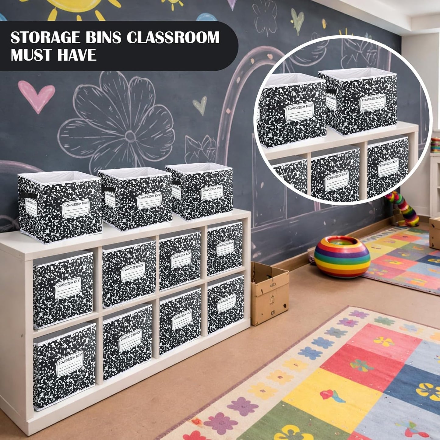 RattanView 6 Pcs 11in Composition Book Fabric Storage Bins Classroom Must Have Cubby Basket Bins Return School Treasure Prize Box End of Year Organization for Daycare Elementary Preschool