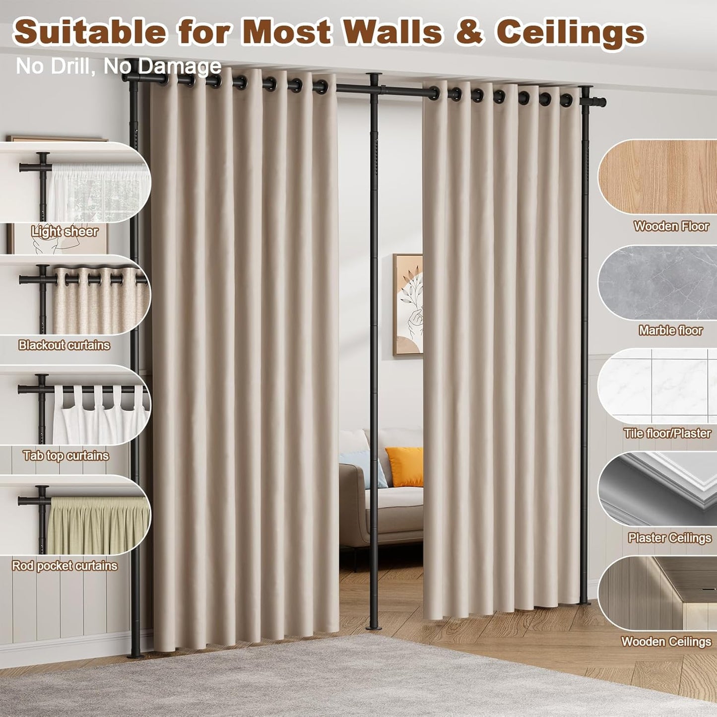 Mr IRONSTONE Room Divider Curtain Rod No Drilling, Partition Room Dividers 4-10ft(H) 28-144inch(W) Adjustable, Heavy Duty Tension Rod Floor to Ceiling Freestanding, Wall Divider for Room Separation