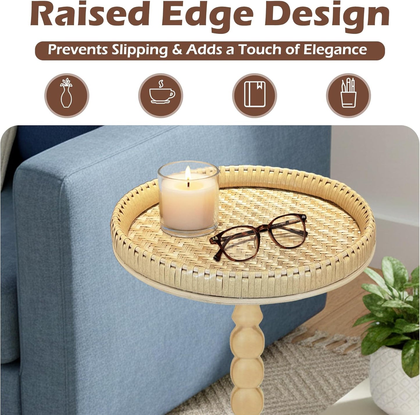 Drink Table,21" H Rattan Small Side Table with Solid Wood Leg Stand, Boho Accent Cocktail Tables for Small Spaces,Round End Table for Living Room,Bedroom and Corners