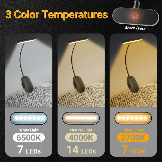 Book Light for Reading at Night, Rechargeable Book Reading Light Clip on, 3 Color Modes & Stepless Dimming, 14 LEDs & 80 Hrs Lightweight Reading Lamp for Book Lovers