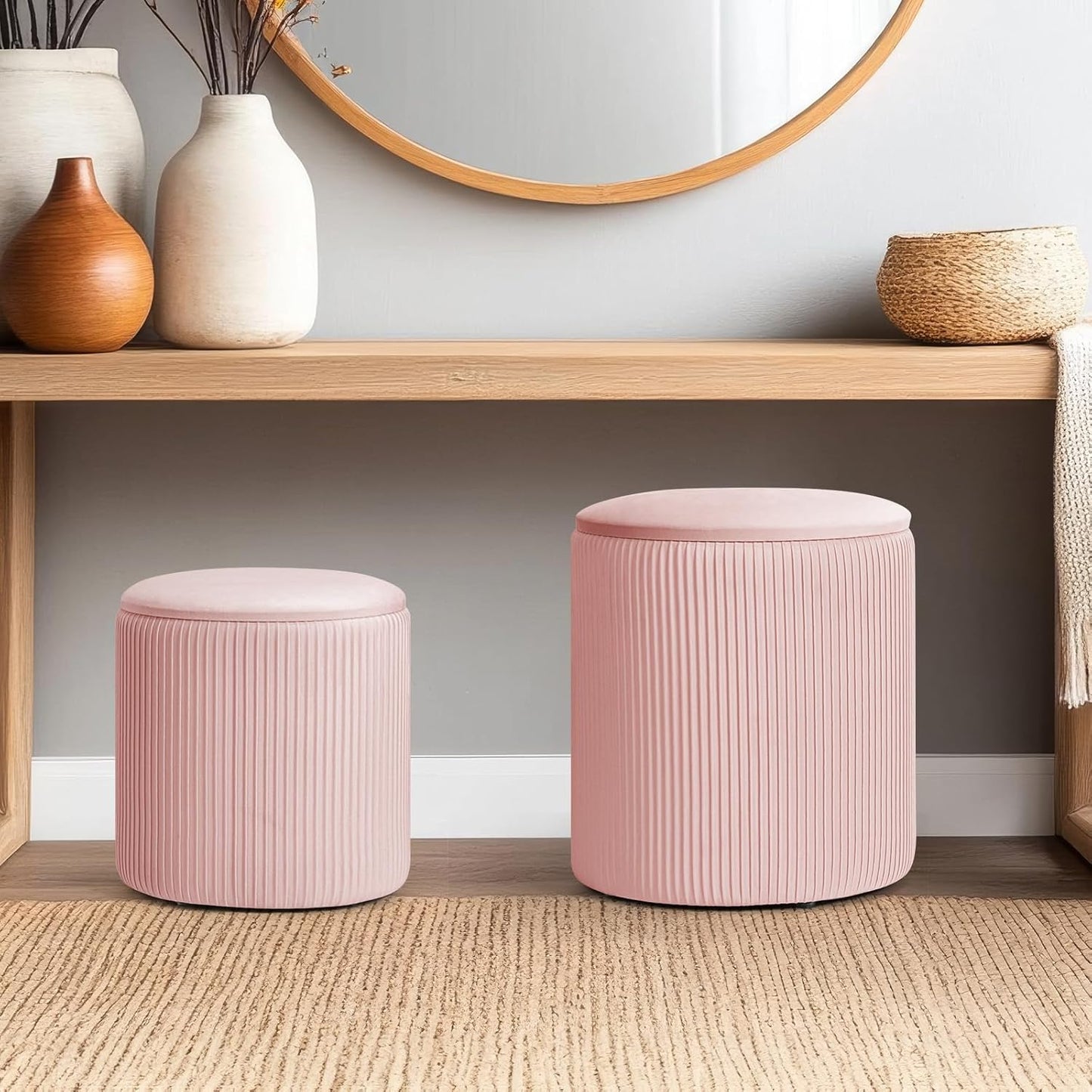 Ottoman with Storage, 2 Set Round Velvet Vanity Stool, Storage Ottoman for Bedroom Living Room, Modern Multifunctional Coffee Table Foot Stool for Dorm (Pink)