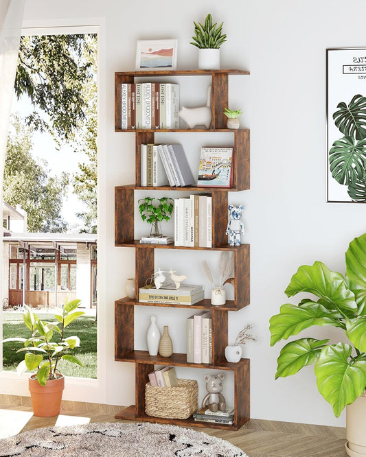 Yusong Geometric Bookcase, Bookshelf 6-Tier S Shaped Book Shelves for Bedroom, Modern Wood Decorative Display Shelf Tall Book Case for Home Office, Rustic Brown