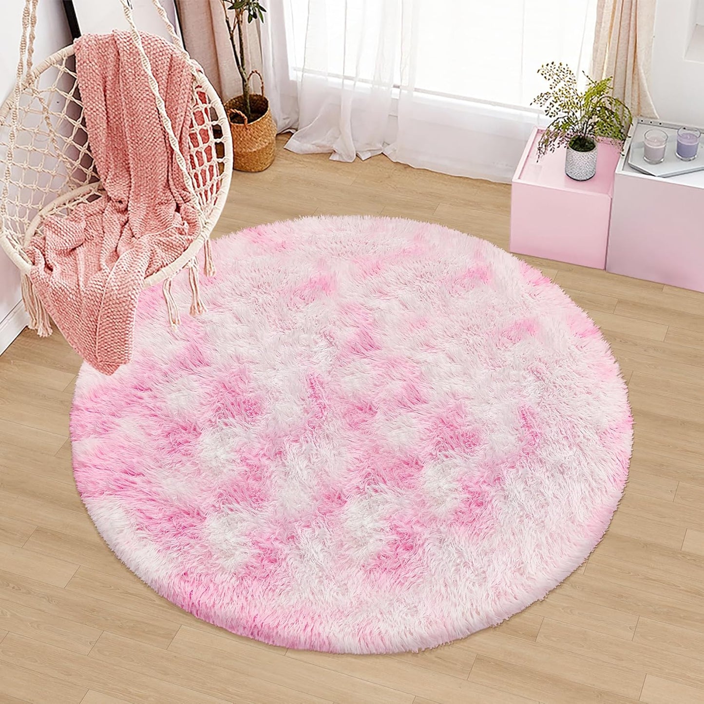 4x4 ft Pink Fluffy Round Rug for Girls Bedroom,Colorful Soft Shaggy Circular Area Rug Kids Cute Fuzzy Carpet Furry for LivingRoom Nursery Dorm Playroom Room Unicorn Decor Reading Nook Mat