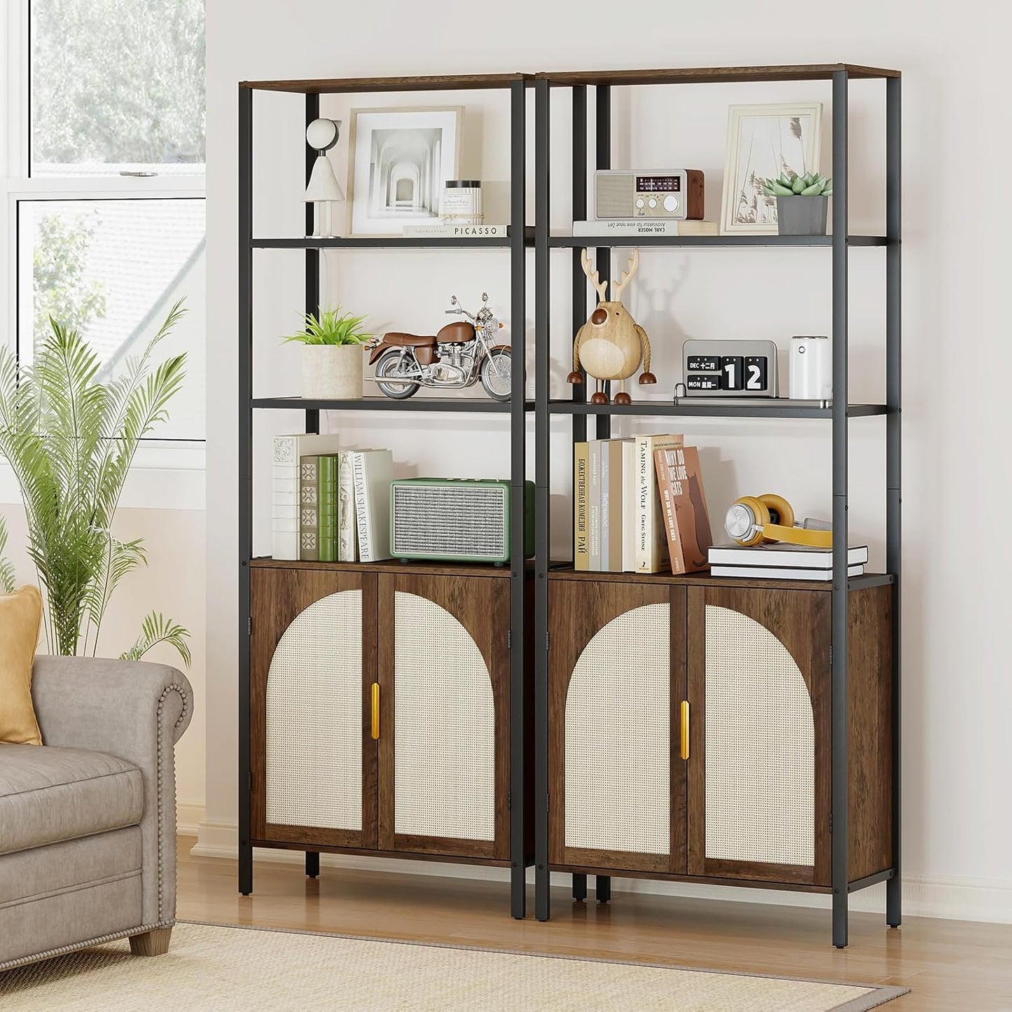 Rattan Bookshelf with Storage, 71" Tall Bookcase with Doors, Boho Book Shelf Narrow with LED Lights for Living Room, Bedroom, Home Office, Brown