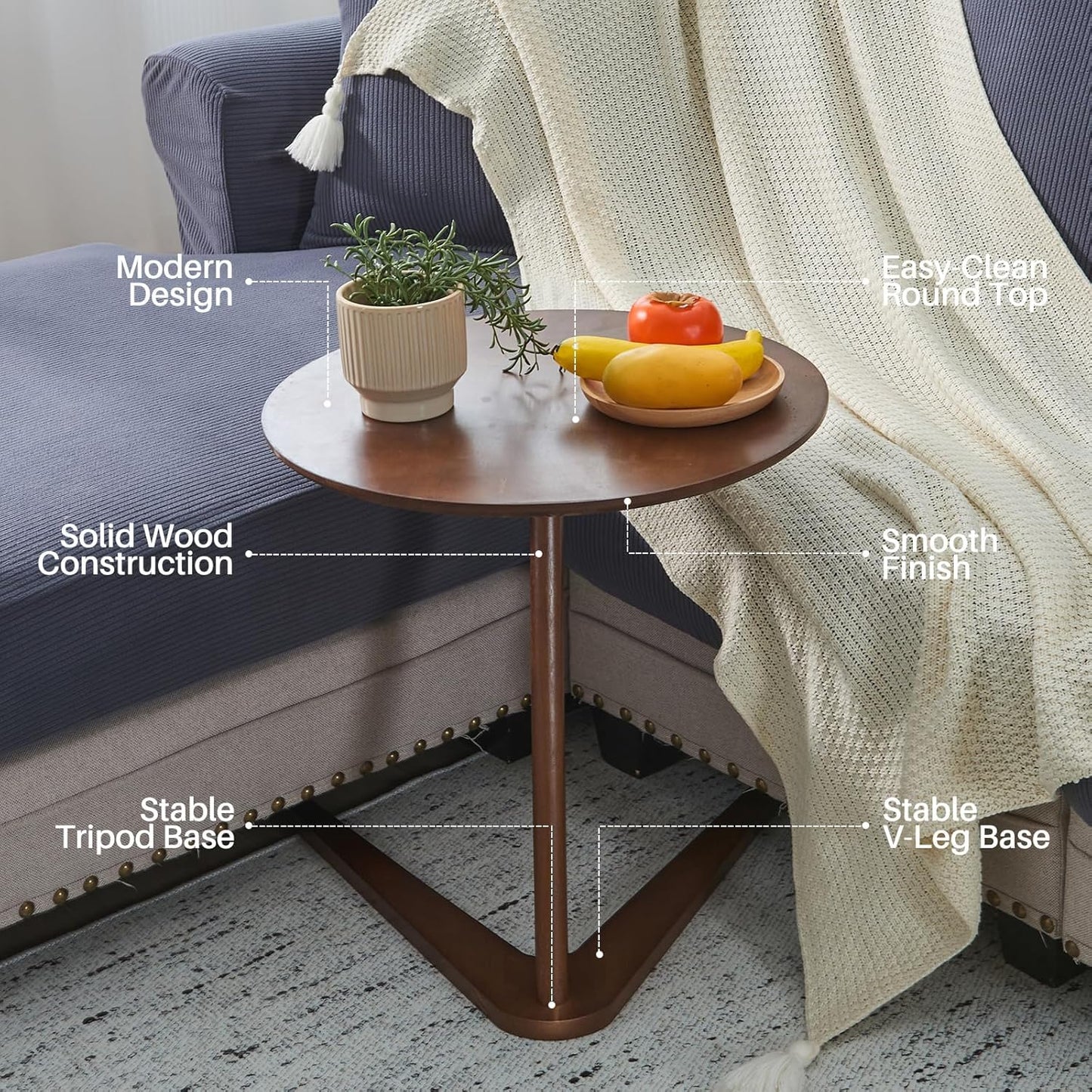 C-Shaped End Table for Couch - Solid Wood C Table for Sofa, Small Round Wooden Handmade Couch Tables That Slide Under Bedside Tray Side Tables for Living Room, Bedroom, Small Space, 19.7"