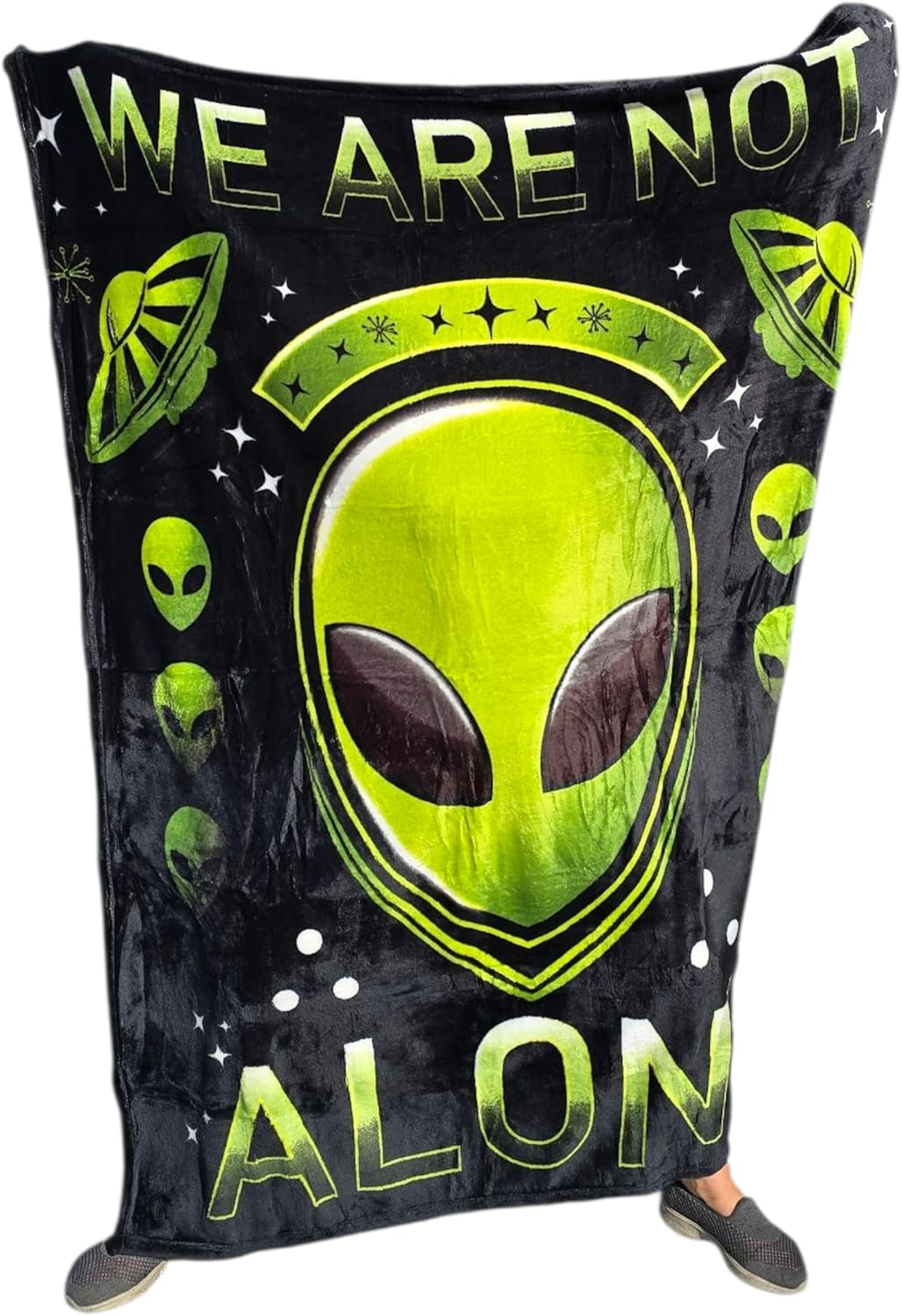 Green and Black Alien Blanket - We are Not Alone (50" X 60") UFO UAP Flying Saucers Stars Roswell Disc. Soft Warm Bedroom Throw Fleece Blanket.