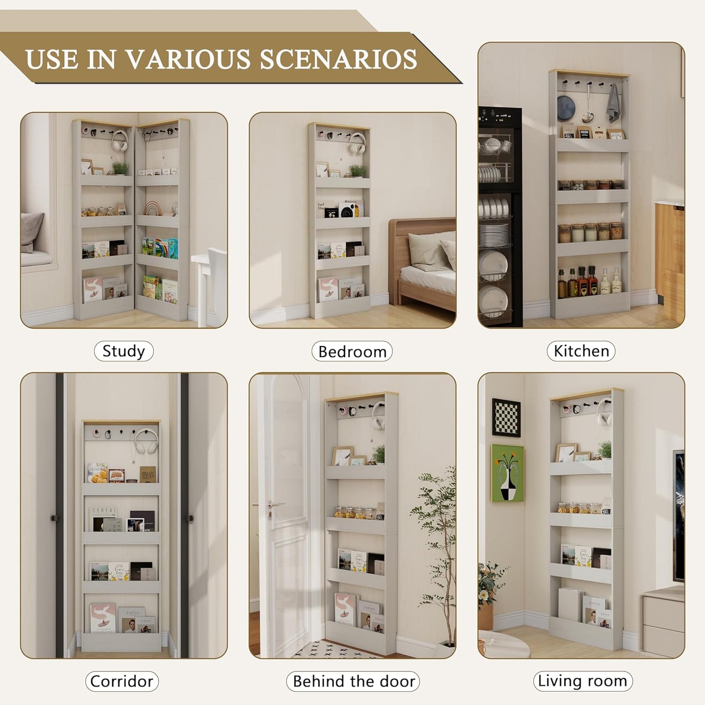 Behind the Door Bookshelf - Ultra Slim Hidden Storage Cabinet for Kids Room | 4-Tier White Wooden Bookcase with Hooks