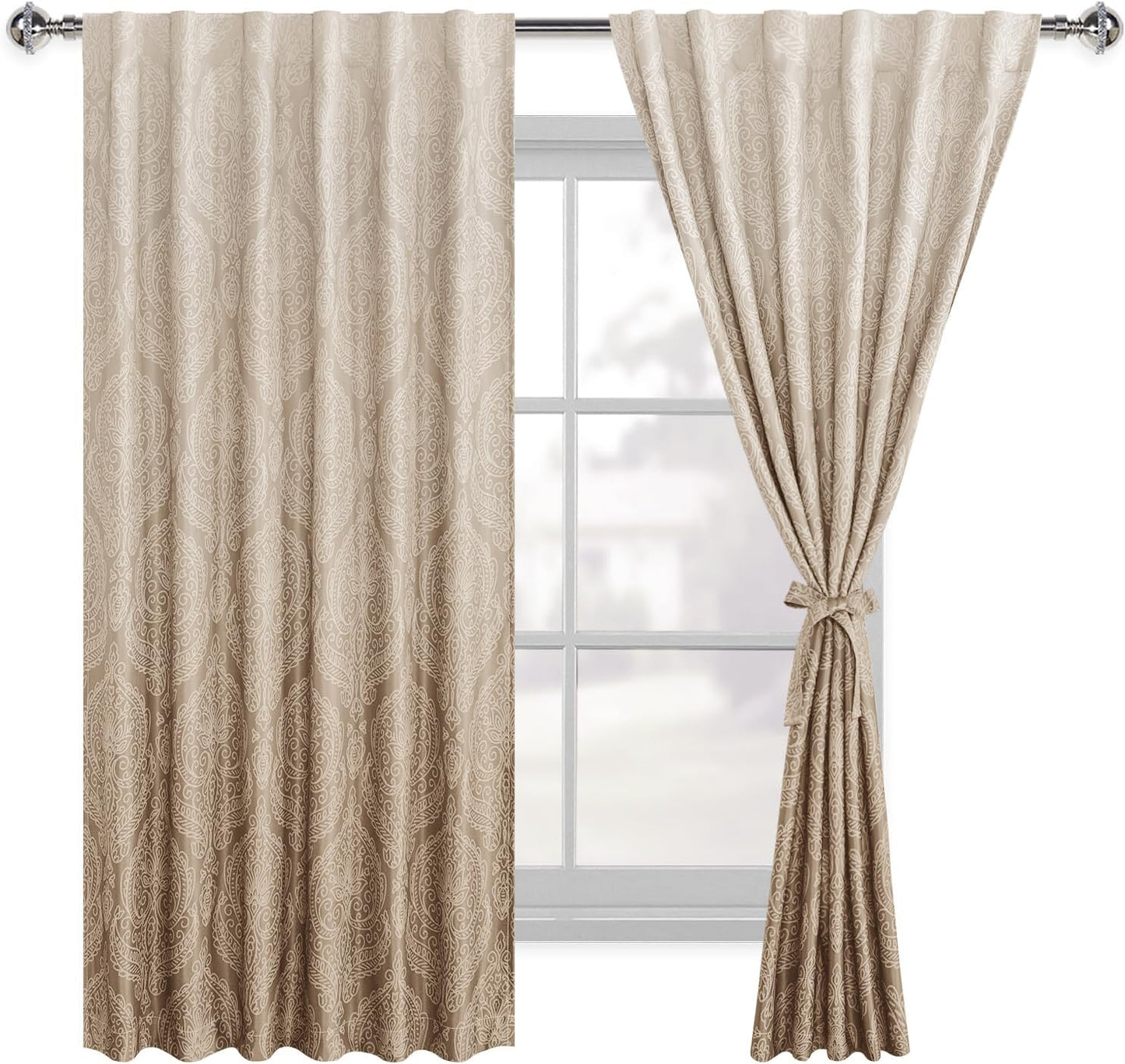 DWCN Damask Patterned Curtains 63 inches Length - Back Tab/Rod Pocket Room Darkening Window Drapes with Tiebacks Thermal Insulted Ombre Blackout Curtains for Bedroom, 2 Panels, W52 x L 63, Taupe