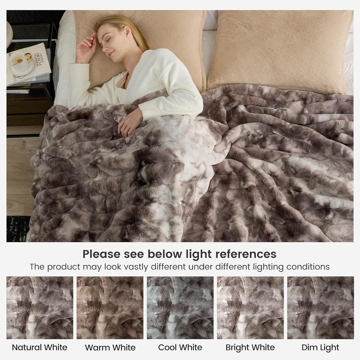 Cozy Bliss Deluxe Striped Rabbit Faux Fur Throw Blanket, Soft Fluffy Warm Plush Blanket for Winter, Modern Homr Decor, Tie-dye Grey 50"x60"