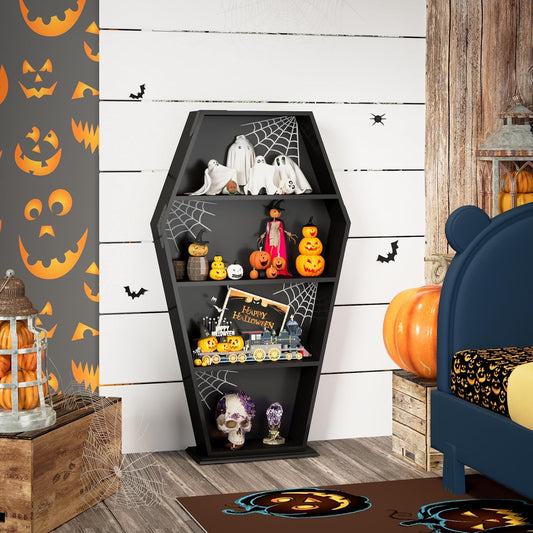 Halloween Goth Coffin Bookshelf 48''H - Wood Tall Coffin Shelf with Spider Web Gothic Decor, Black Spooky Curio Shelf for Home Decor