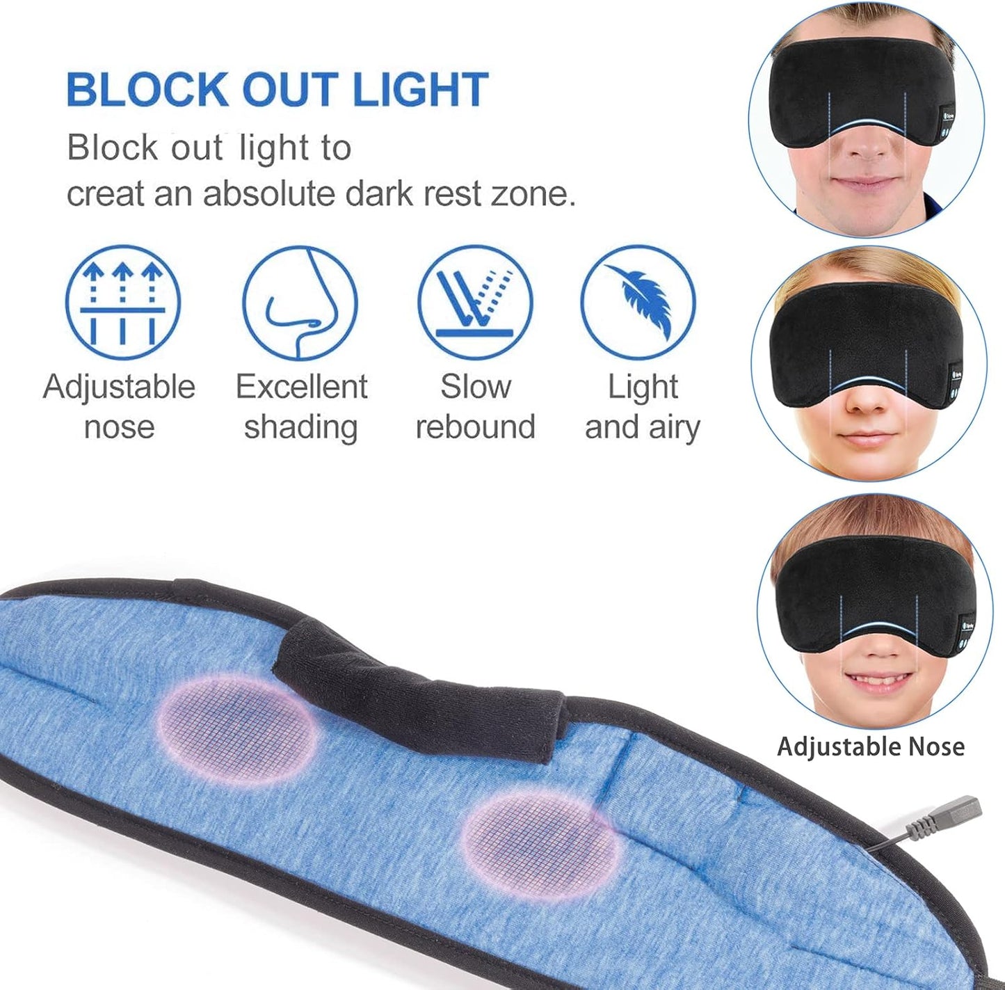 Voerou Sleep Headphones 5.2 Bluetooth Sleep Mask with Music and Ultra Thin Speakers Perfect for Sleeping, Air Travel,Meditation and Relaxation,Unique Gifts for Men Women - Black