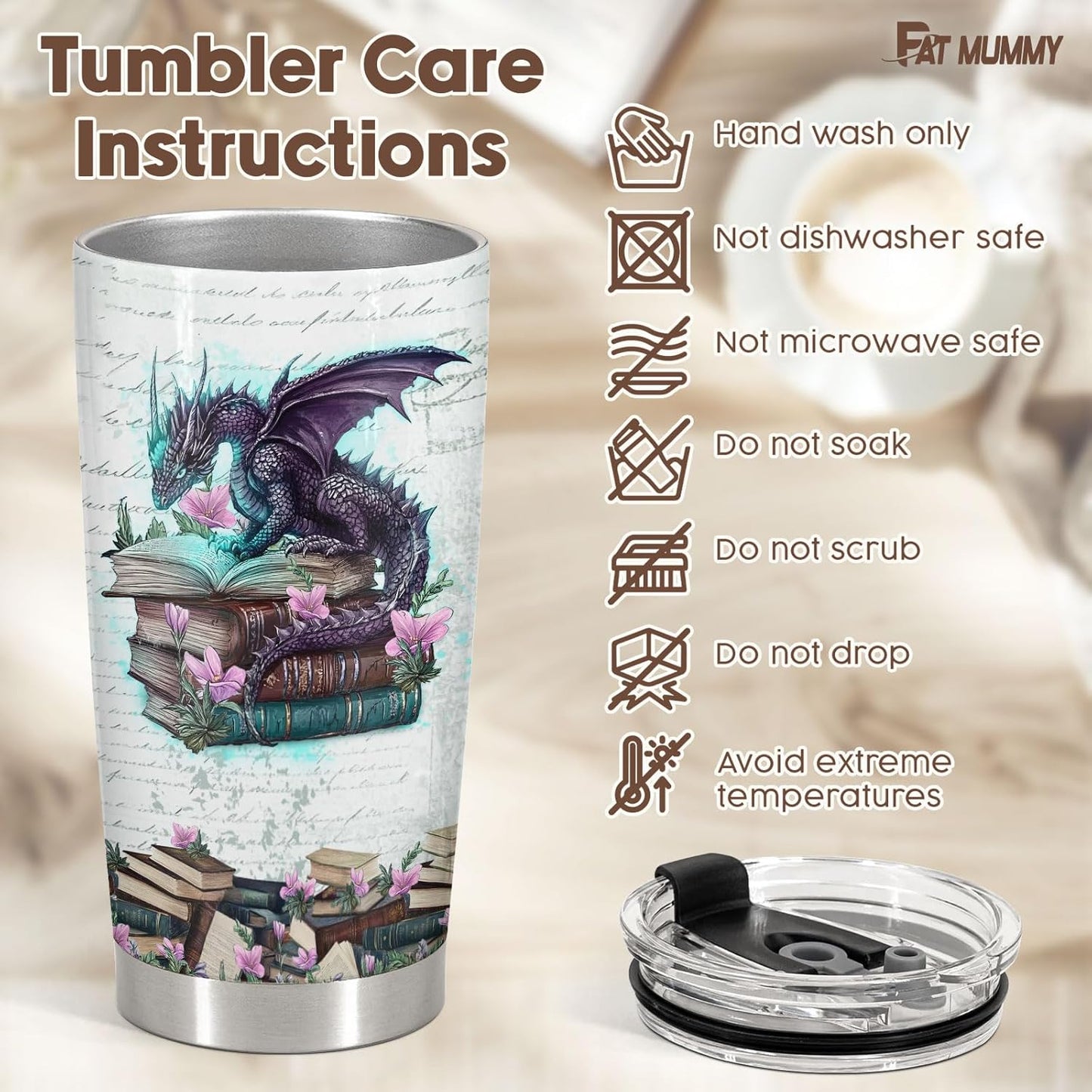 Bookish Dragon Tumbler – It’s Not Hoarding If It’s Books, Fantasy Inspired Stainless Steel Travel Mug with Lid, Bookworm Gift for Men and Women