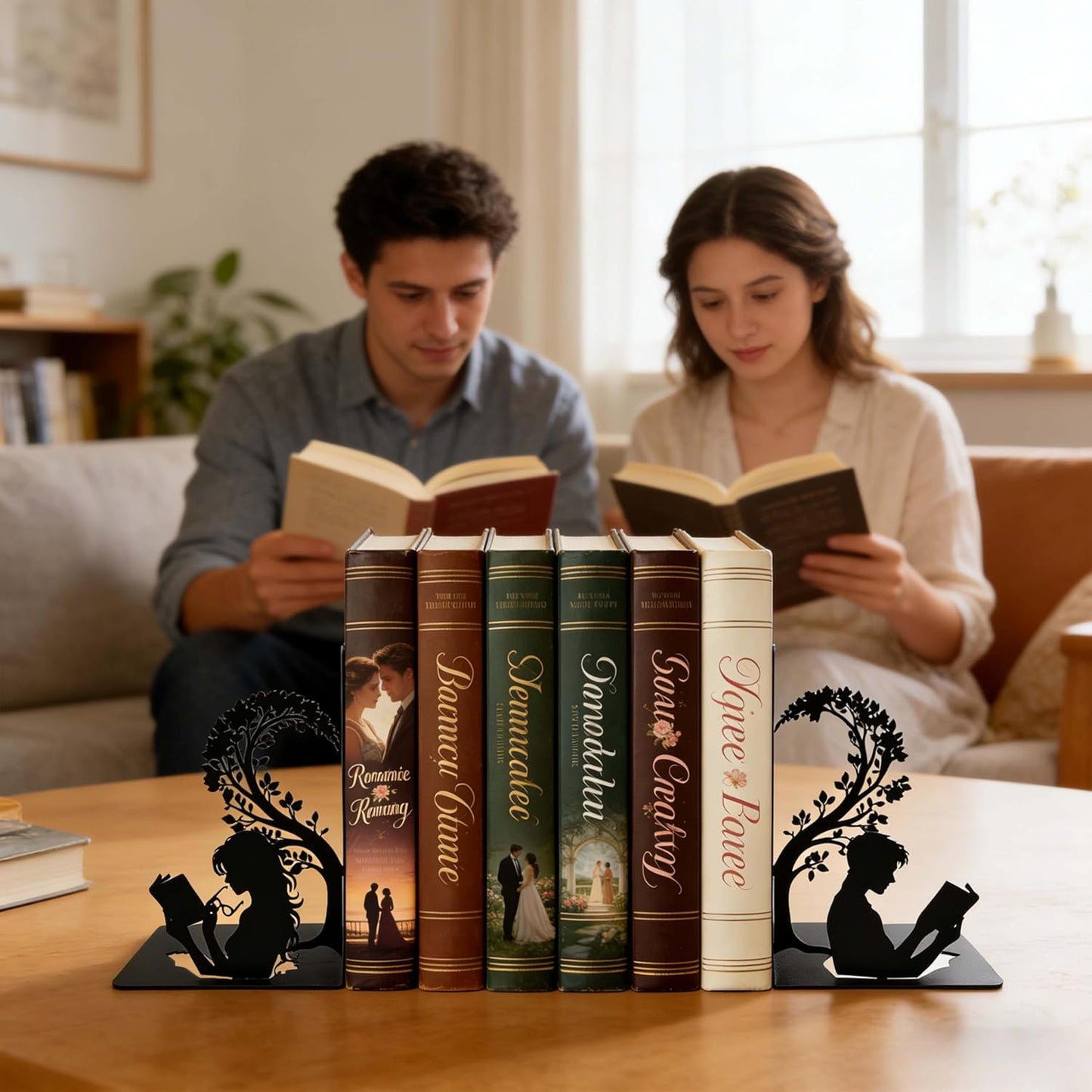 Matte Black Iron Decorative Bookends for Shelves, Couple Reading Tree Design Book Ends Decorative, Book Ends for Heavy Books, Unique Bookends for Home Office Shelves, 7.9 x 1.2 x 5.9 Inches
