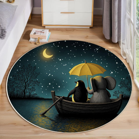 Washable Dreamy Starry Sky Lake Area Rug, 3Ft Round Rugs for Living Room Soft Carpet for Bedroom Cute Penguins Elephants Indoor Stain Resistant Non-Shedding Floor Carpet, Turquoise, 3Ft-Round