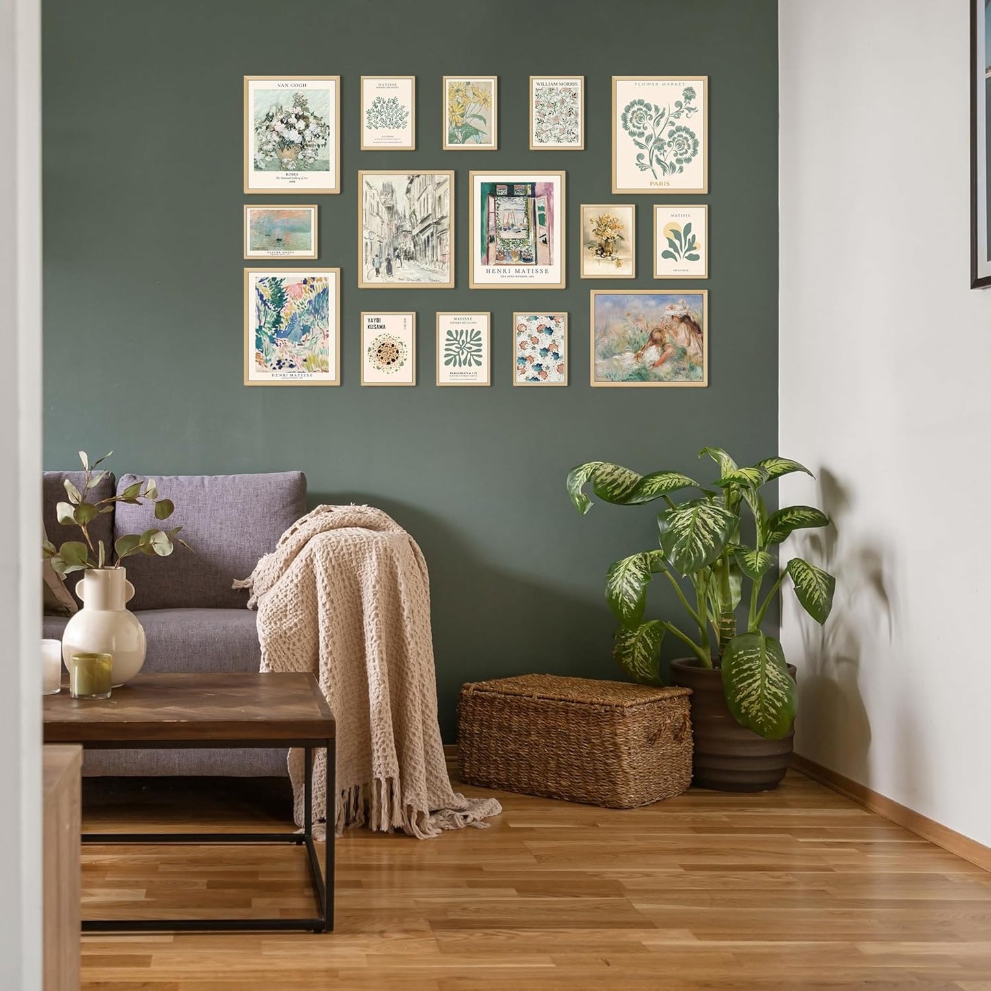 15 PCS Sage Green Wall Art Decor, Matisse Wall Prints, Abstract Posters for Room Aesthetic, Wall Art For Living Room Bedroom, Eclectic Boho Vintage Dorm Gallery Home Decor (Unframed, Green 1)