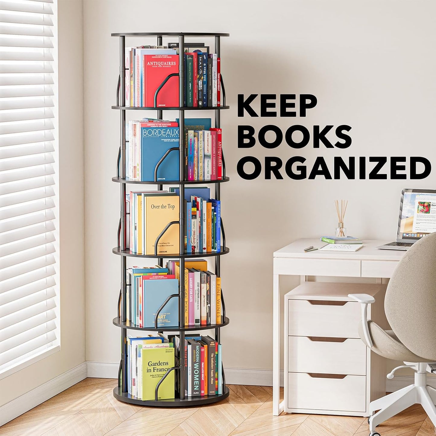 SpaceAid 5 Tier Rotating Bookshelf Tower, 360 Display Stackable Spinning Bookcase, Space Saving Revolving Round Book Shelf, Floor Standing Swivel Corner Organizer, Black