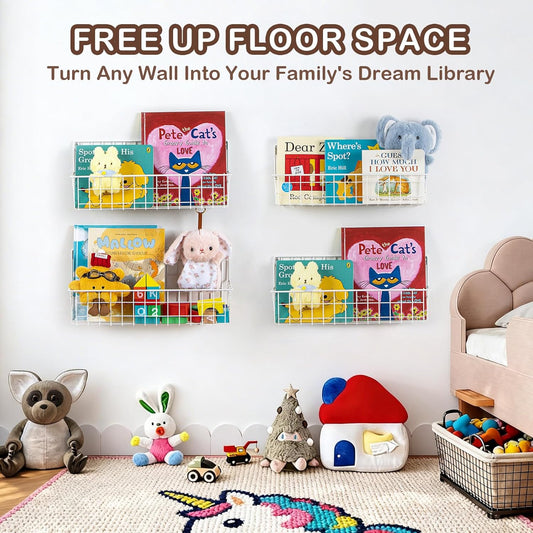 PUERSI 6-Pack Wall Mounted Bookshelf for Kids Rooms, Metal Nursery Shelves for Wall, Floating Book Shelves for Baby Boys Girls Bedroom Decor and Storage, White