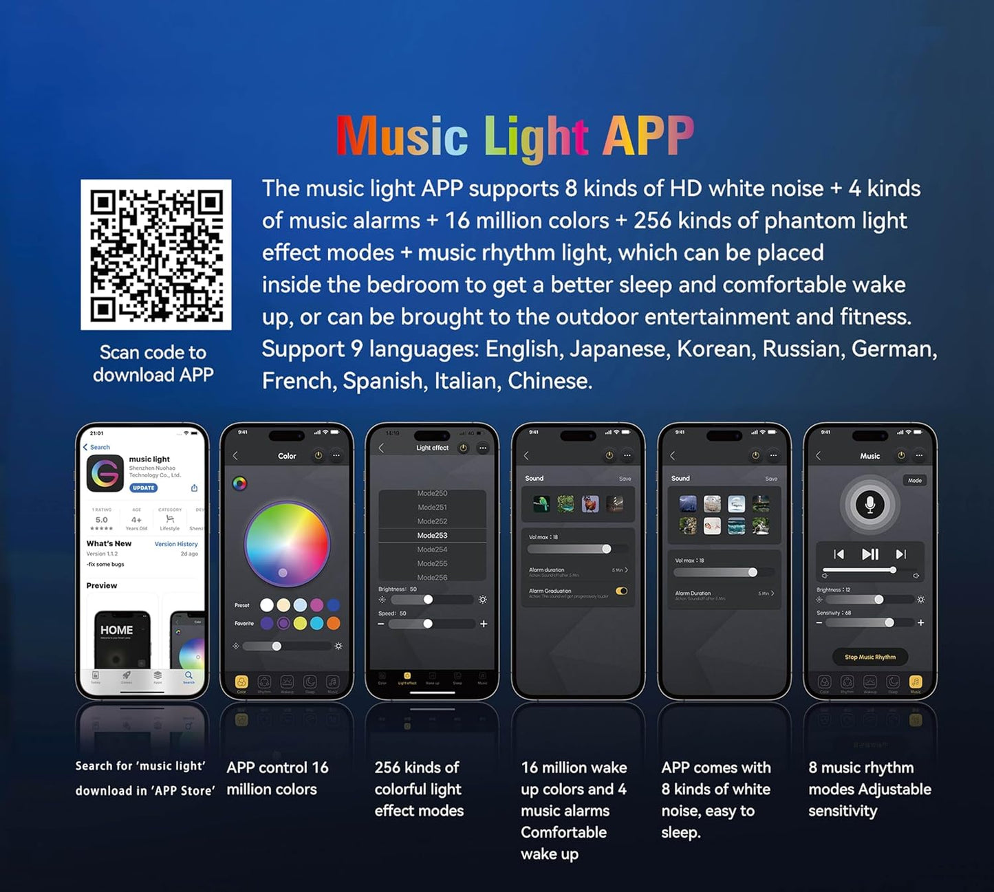 Smart LED Table Lamp, 4-in-1 Wireless Charger, Music Rhythm Ambient Night Light, Alarm Clock, and Bluetooth Speaker with App Control, G-Shaped Lamp for Bedroom, Office and Home Decor (White)