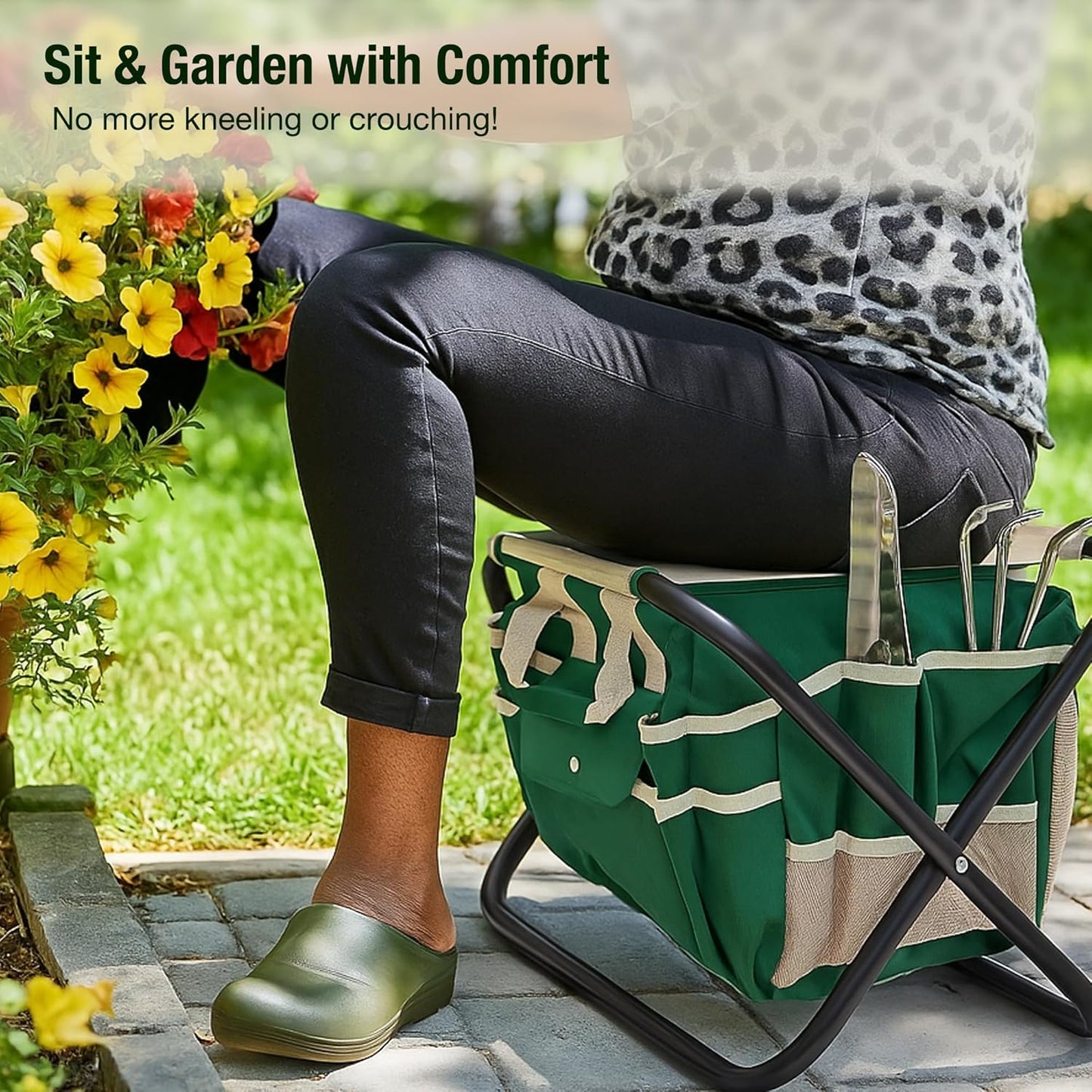 GardenHOME 7-Piece Green Gardening Tool Set – Stainless Steel Tools with Wooden Handles, Folding Stool & Canvas Tote, Durable Garden Kit for Every Gardener