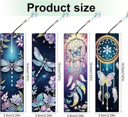 4 Pack Diamond Painting Bookmarks, 5D Dreamcatcher Butterfly Dragonfly Diamond Art Bookmark Kit with Tassels, DIY Beaded Rhinestone Book Mark Craft for Adults Beginners Reading Gift