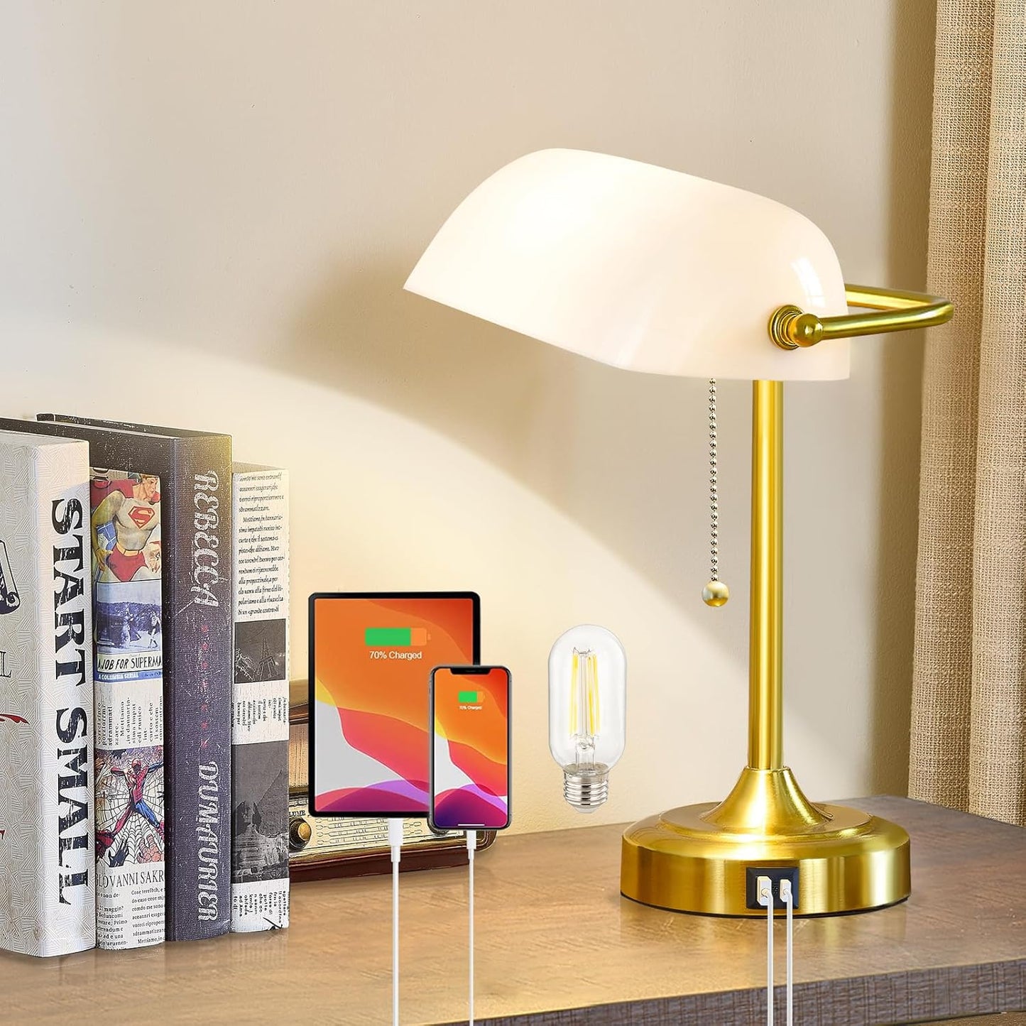 Vintage Desk Lamp Bankers Lamp - Plastic Lampshade Retro Table Lamp with USB & Type C Charging Ports Traditional Library Lamp for Home Office Nightstand Bedroom Side Table Lamp(T45 Bulb Included)