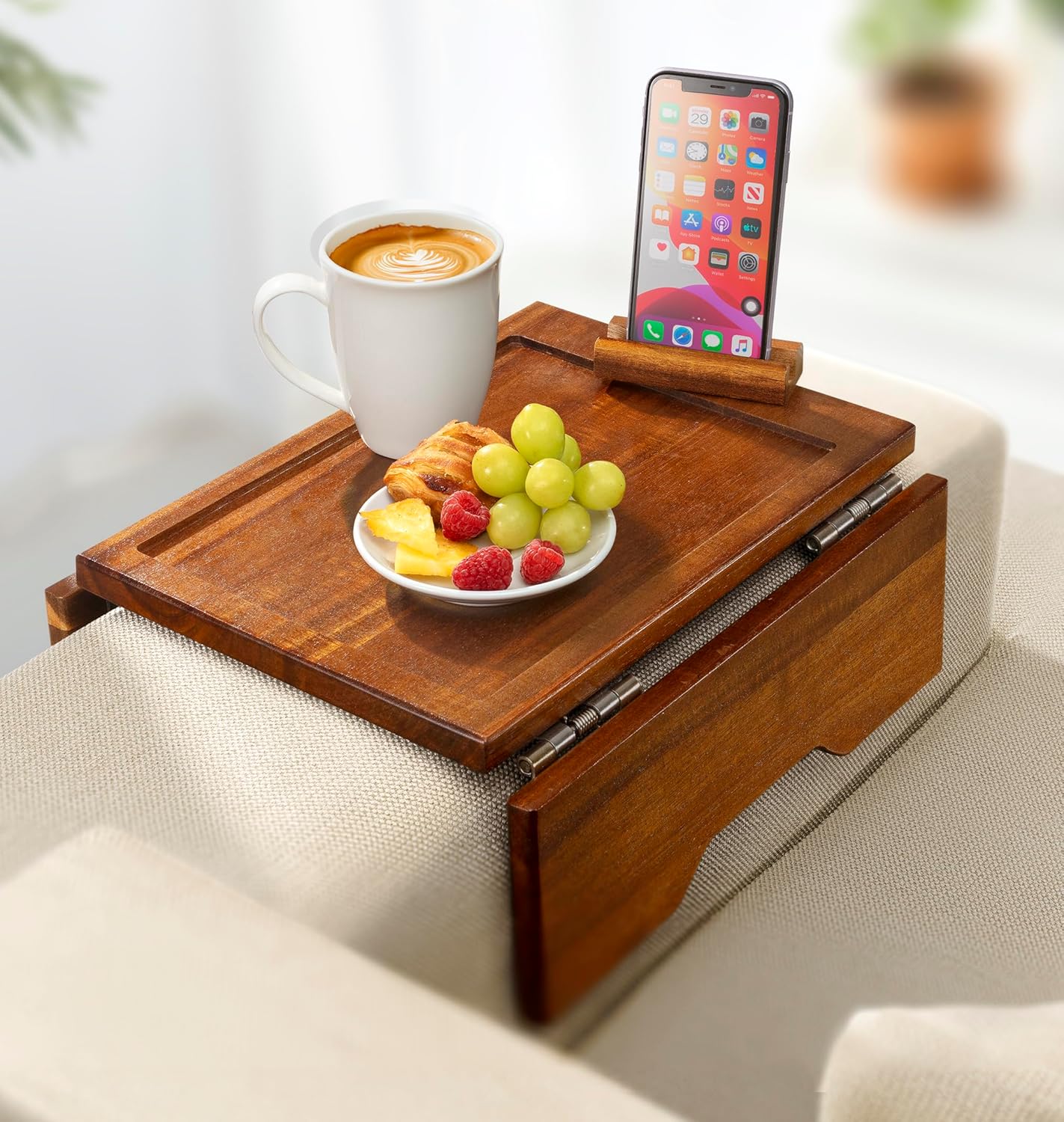 Couch Arm Table Tray with Phone & Tablet Holder – Acacia | Premium Clip-On Sofa Arm Tray for Snacks, Drinks, Remotes, and More – Perfect Sofa Side Table for Living Room Comfort