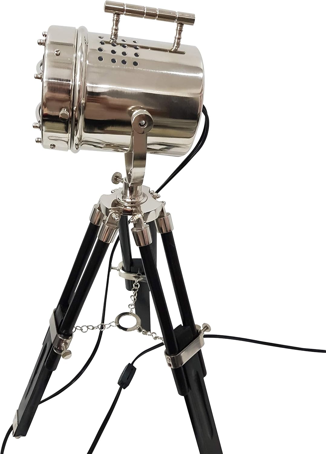 collectiblesBuy Nautical Desk Lamp with Black Wooden Tripod – 22 Inch Adjustable Nickel Finish LED Spotlight Searchlight Vintage Maritime Table Decor for Home Office