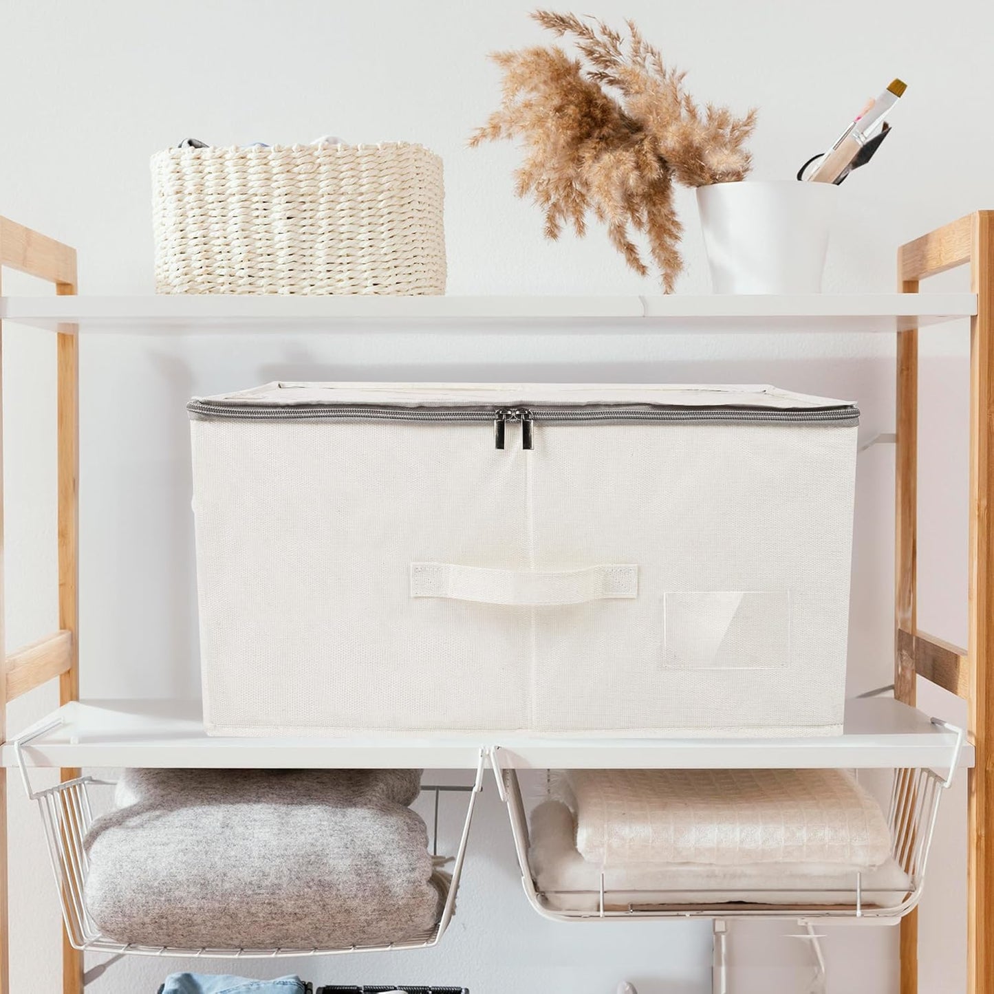 Durable See-through Storage Box Bins with Dual Handles and zipper Lid Foldable Organizer for Clothes Toys Blankets Books 18 * 14 * 10 Inches