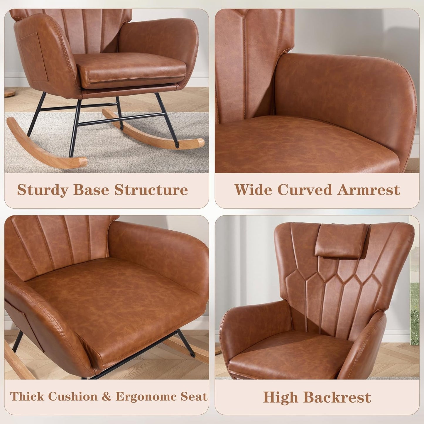 Nursery Rocking Glider Chair — PU Upholstered, Thick Headrest, High Backrest, Side Pocket, Brown
