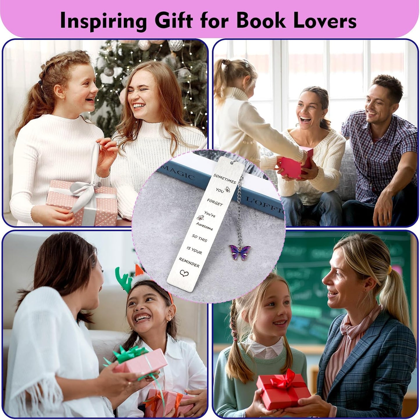 Inspirational Gifts Bookmarks, Sometimes You Forget You're Awesome So This is Your Reminder with Butterfly Pendant Motivational Stainless Steel Book Markers Rulers for Reading()