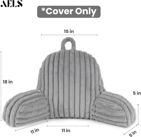 AELS Large Reading Pillow Replacement Cover with Arms and Pockets (Cover ONLY), 18" Soft Faux Fur Striped Backrest Pillow Cover Fits Standard Size Reading Pillows, Gray