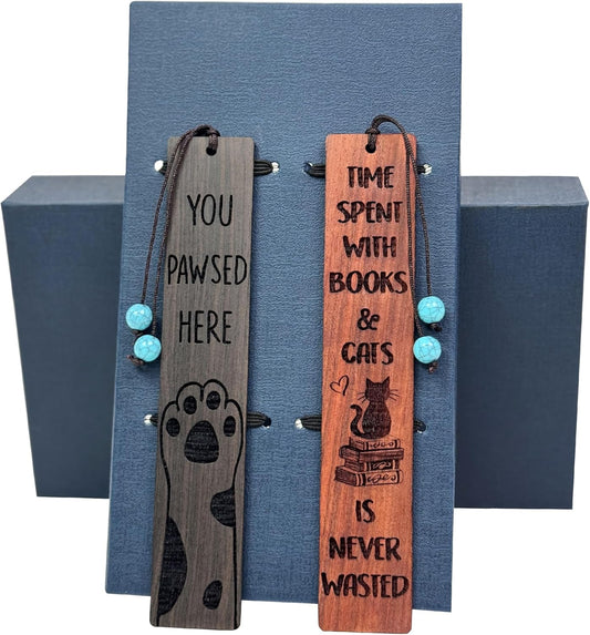 Cat Bookmark – Cute Cat Bookmarks for Women & Kids, Beaded & Wooden Bookmark Cat Book Marks, You Paused Here, Funny Gifts, Book Lover Stocking Stuffers, Books and Cats Gift - BOPAWS