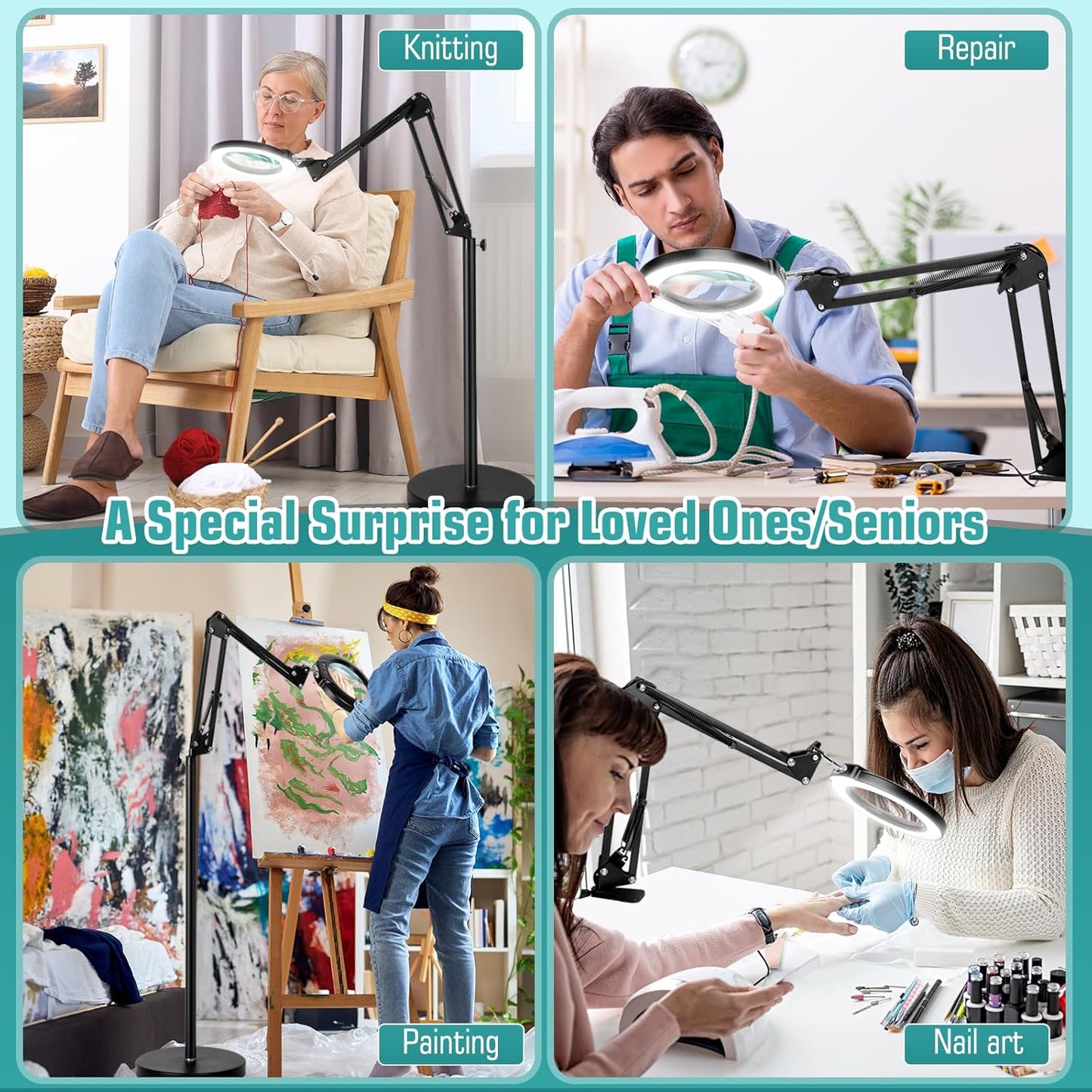 10X Magnifying Glass with Light and Stand, Real Glass Lens (Not Acrylic), 5 Color Modes, Stepless Dimmable, LED 3-in-1 Floor Lamp, Swing Arm with Clamp, Lighted Magnifier Hands Free for Craft, Reading