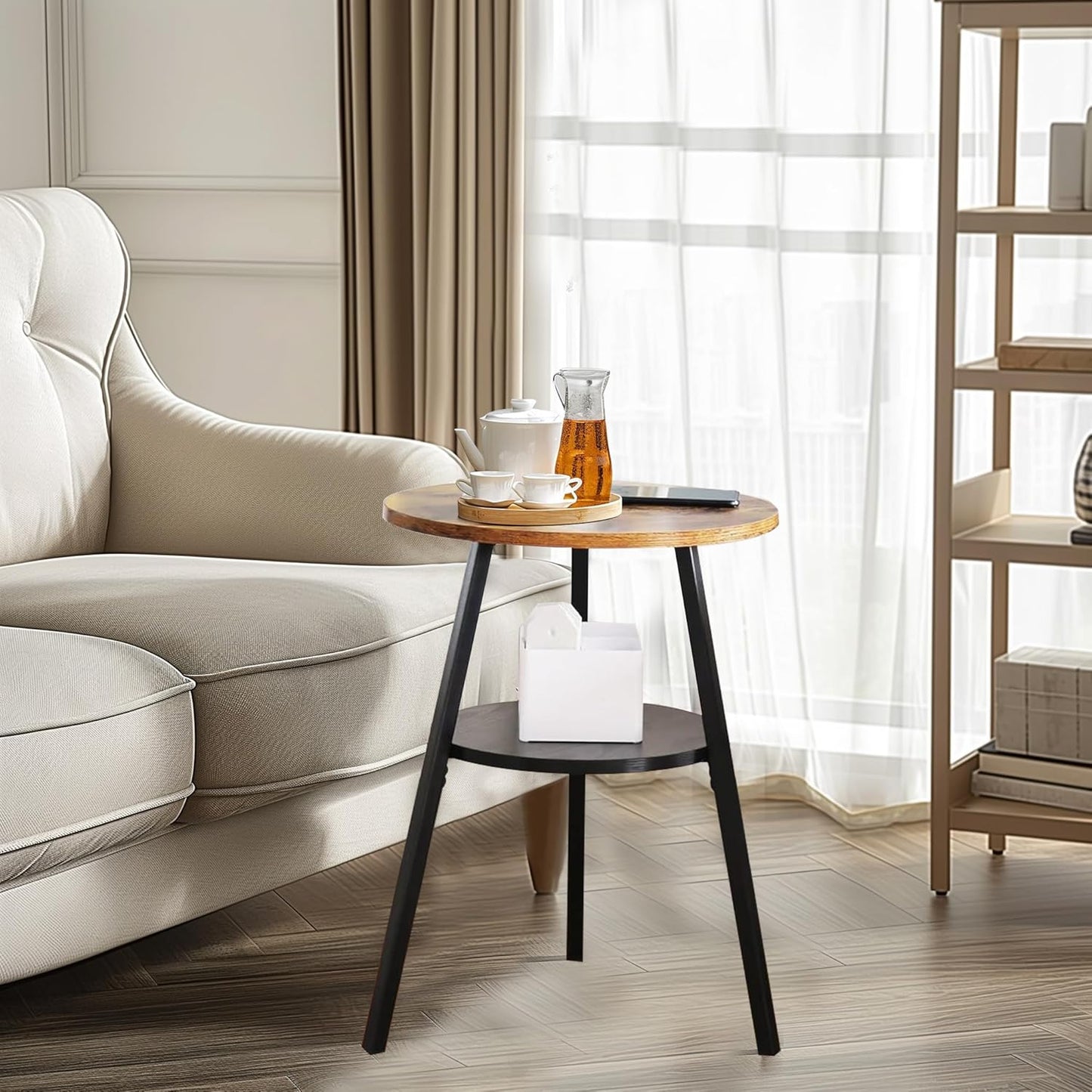 INHABIT UNION End Table, 2 Tier Round Side Table with Metal Frame, Industrial Nightstand Bedside Coffee Accent Table for Living Room Bedroom Small Space, Rustic Brown,15.4" D x 21.6" H