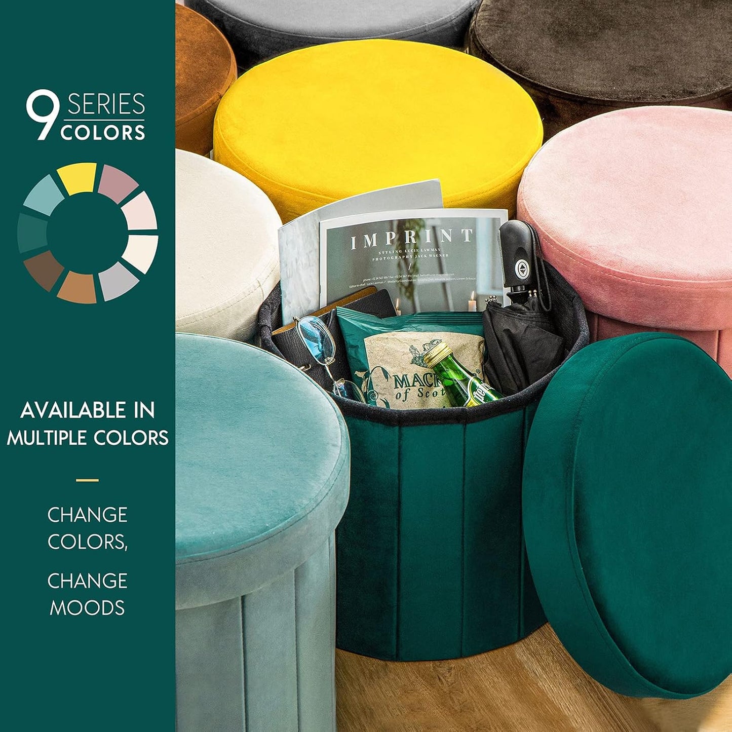 Phantoscope Storage Ottoman Round15 Inch, Velvet Folding Storage Boxes Footrest Foot Ottoman Toy Box, Padded Seat for Dorm Living Room Bedroom, Support 220lbs Off-White