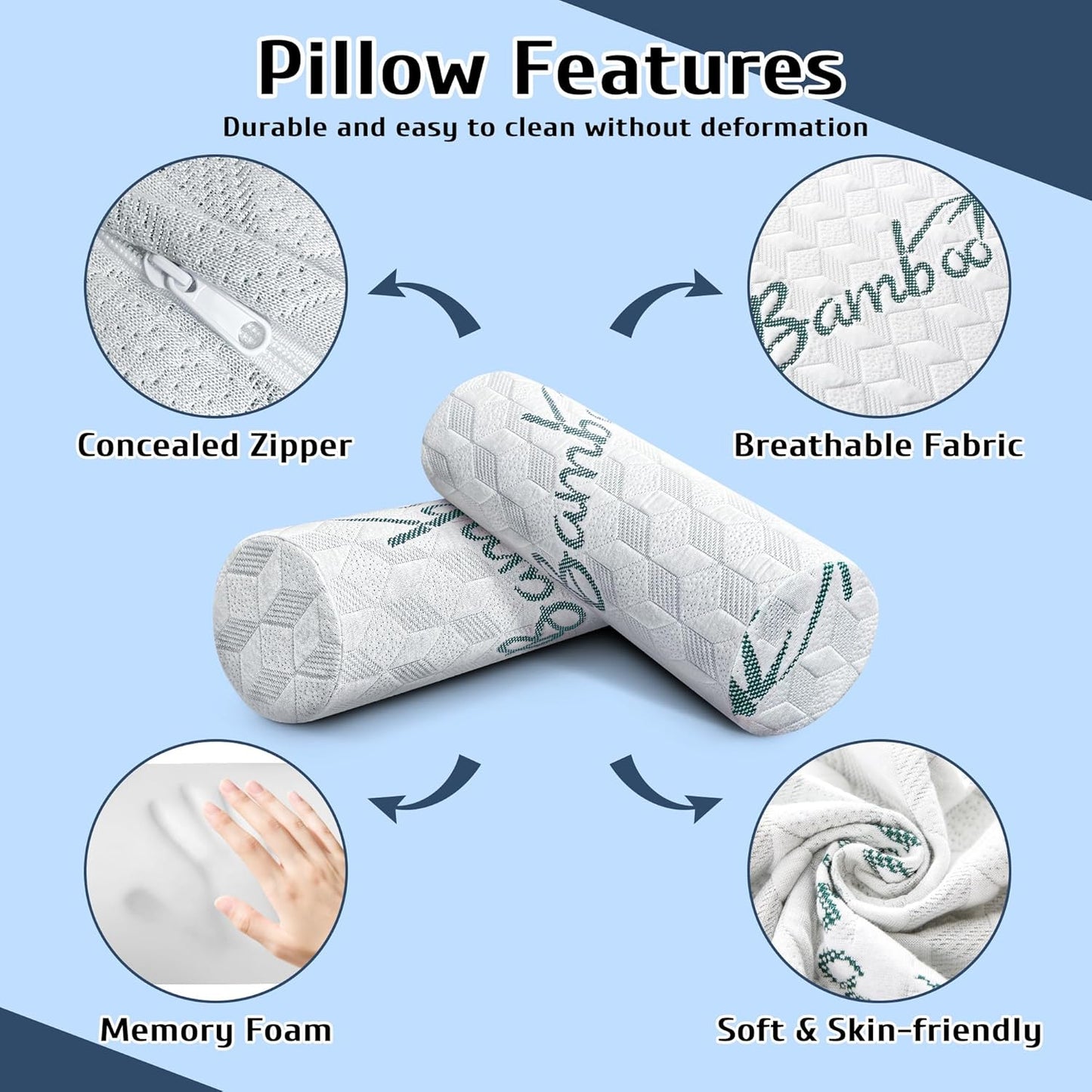 Cervical Roll Pillow, 2 Pack Round Bolster Pillow with Removable Washable Cover for Neck, Back, Leg, and Knee Support, 5" x 17"