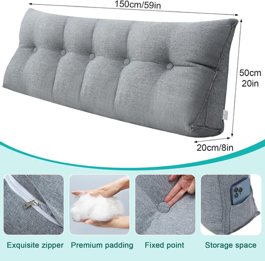 Wenqik Wedge Pillow Queen Triangular Headboard Bed Reading Backrest Back Support Long Pillow with Removable Cover for Dorm Room Supplies Housewarming Gift(Gray)