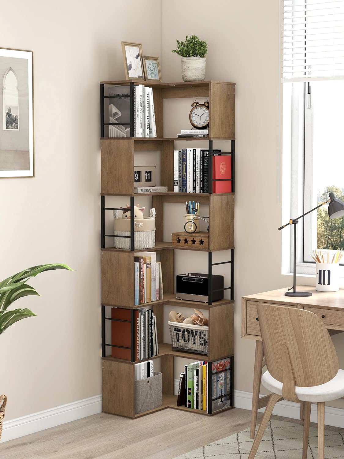 7 Tier L Shaped Corner Bookshelf, 74" Tall Metal Wood Bookcase with Anti-Tipping, Freestanding Display Storage Shelf, 77Lbs Per Shelf for Home Office Living Room Bedroom (Brown)